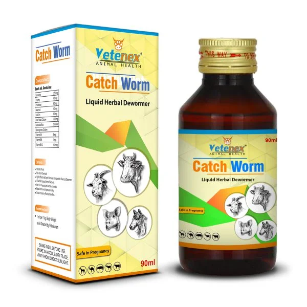 VETENEX Catch Worm - Veterinary Liquid Herbal Dewormer for Cattle, Cow, Buffalo, Goat, Sheep, Pig, Horse and Camel - 90 ML