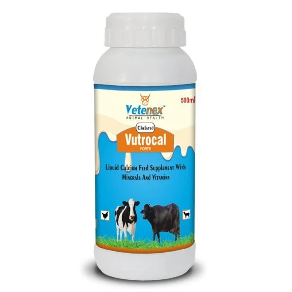 VETENEX Vutrocal Forte - Chelated Liquid Calcium Supplement for Cattle, Cow, Buffalo, Poultry, Goat, Pig and Farm Animals - 500 ML
