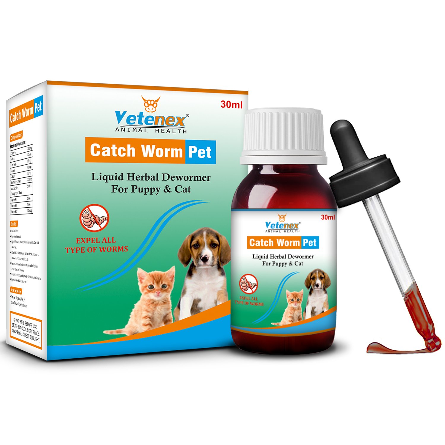 VETENEX Catch Worm Pet - Herbal Dewormer For Puppy and Cats - 30 ML