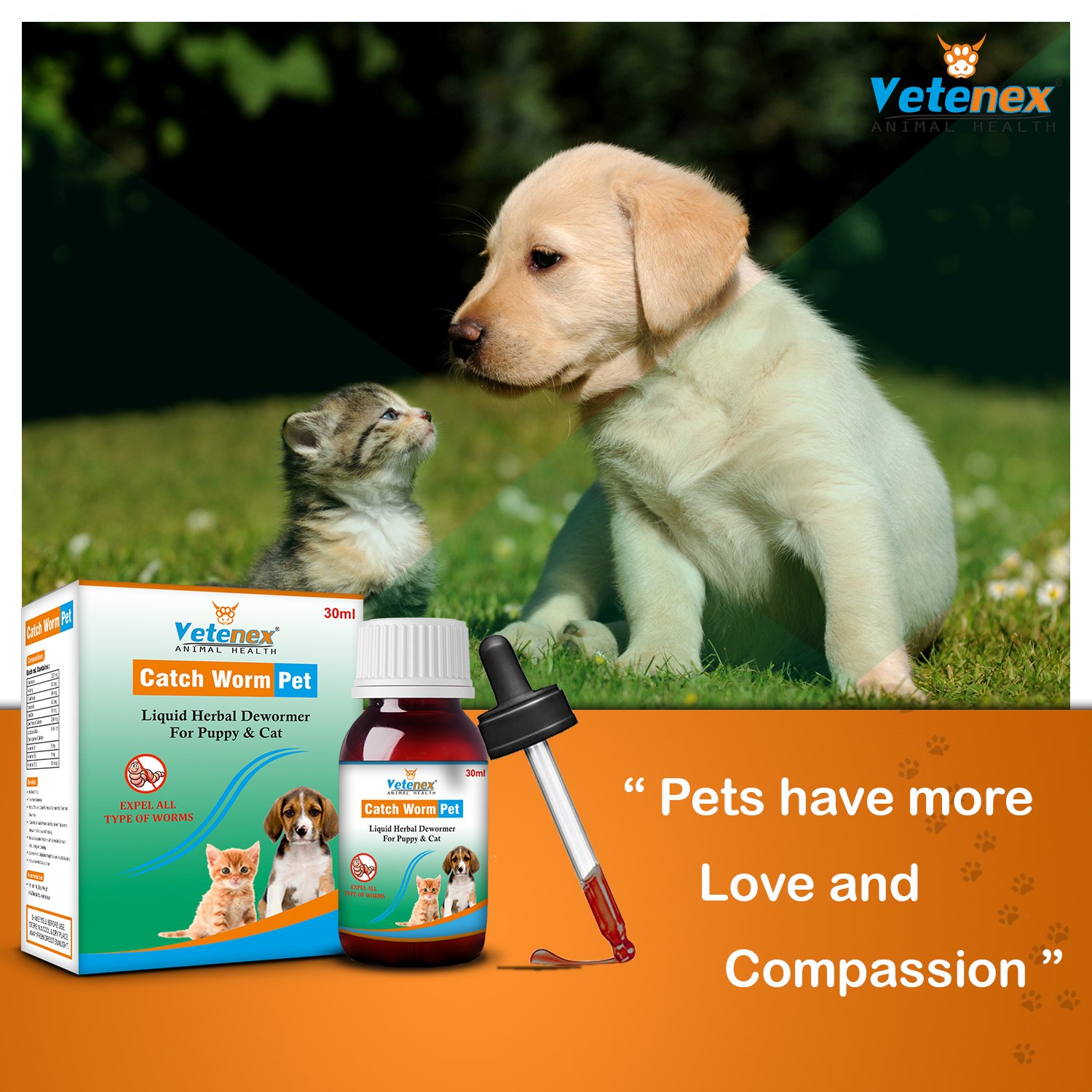VETENEX Catch Worm Pet - Herbal Dewormer For Puppy and Cats - 30 ML - Image 2
