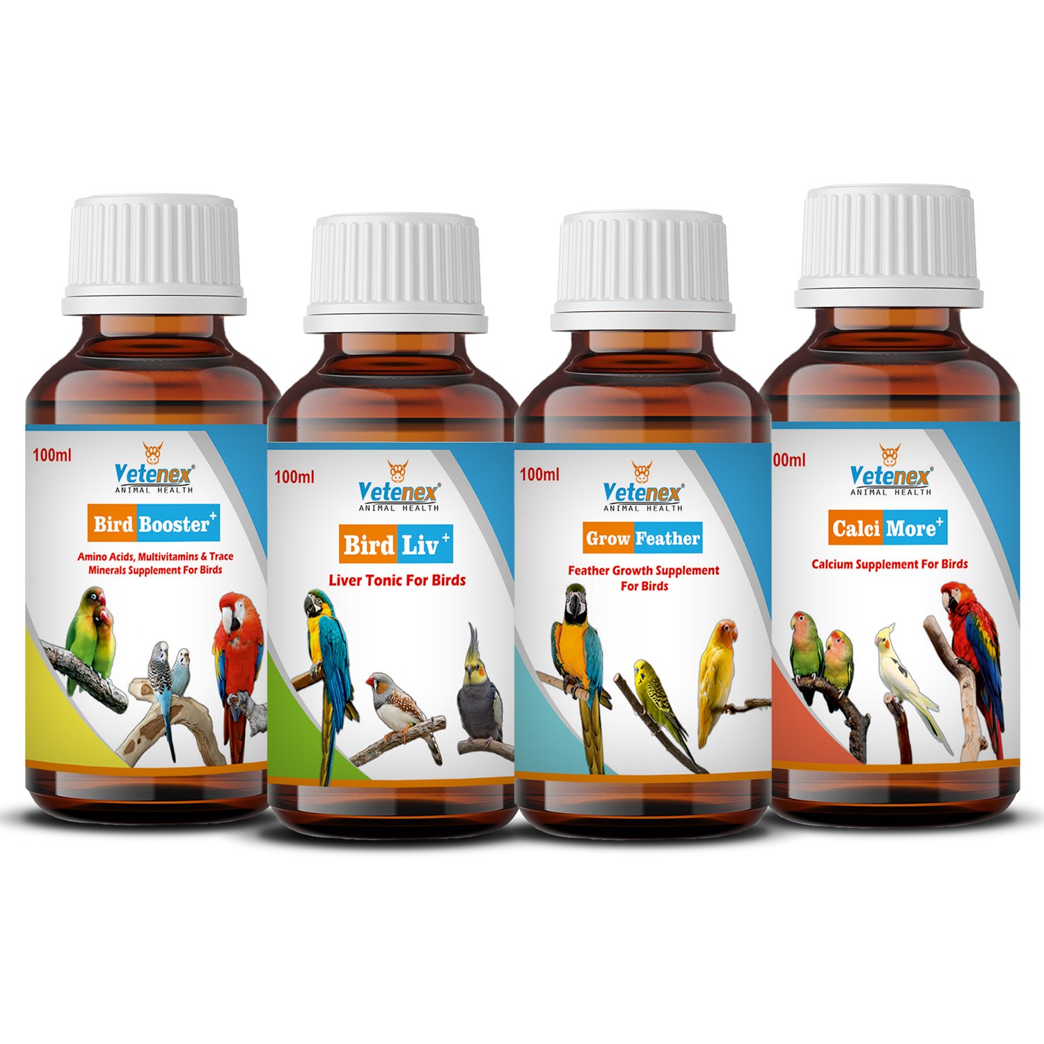 VETENEX Birds Booster Supplements + Liver Tonic + Feather Growth + Calcium Supplement For ALL Type of Birds - Pack of 4