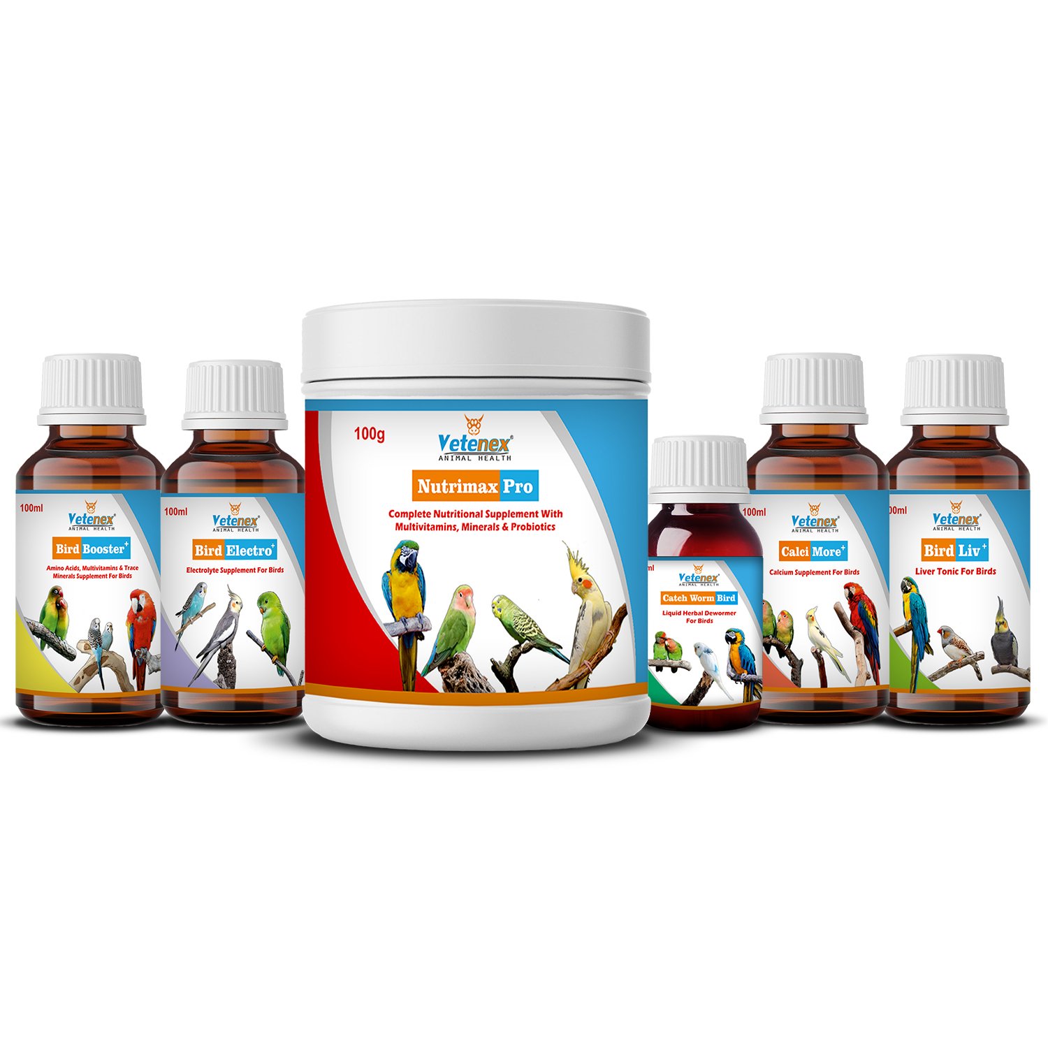 VETENEX Birds Nutritional Supplements, Calcium, Liver Tonic, Electrolyte, Dewormer, Minerals, Bird Booster Combo - Pack of 6