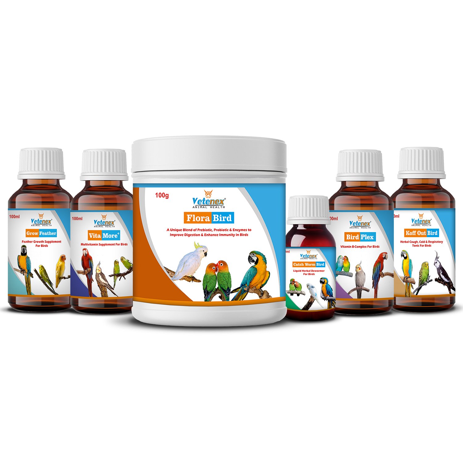 VETENEX Birds Nutritional Supplements, MultiVitamins, Dewormer, Probiotics, Feather Growth, Cough Syrup Combo - Pack of 6