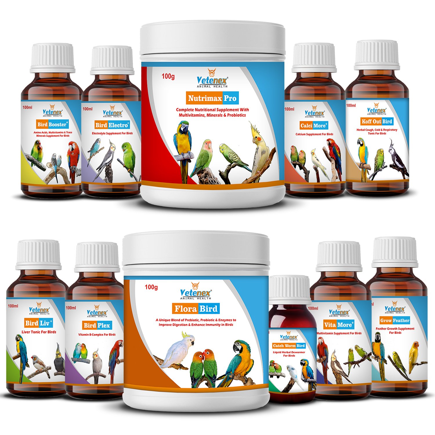 VETENEX Birds Nutritional Supplements, MultiVitamins, Calcium, Liver Tonic, Dewormer, Minerals, Probiotics, Electrolyte, Growth Promoter, Feather Growth, Cough Syrup, Bird Booster Combo – Pack of 11