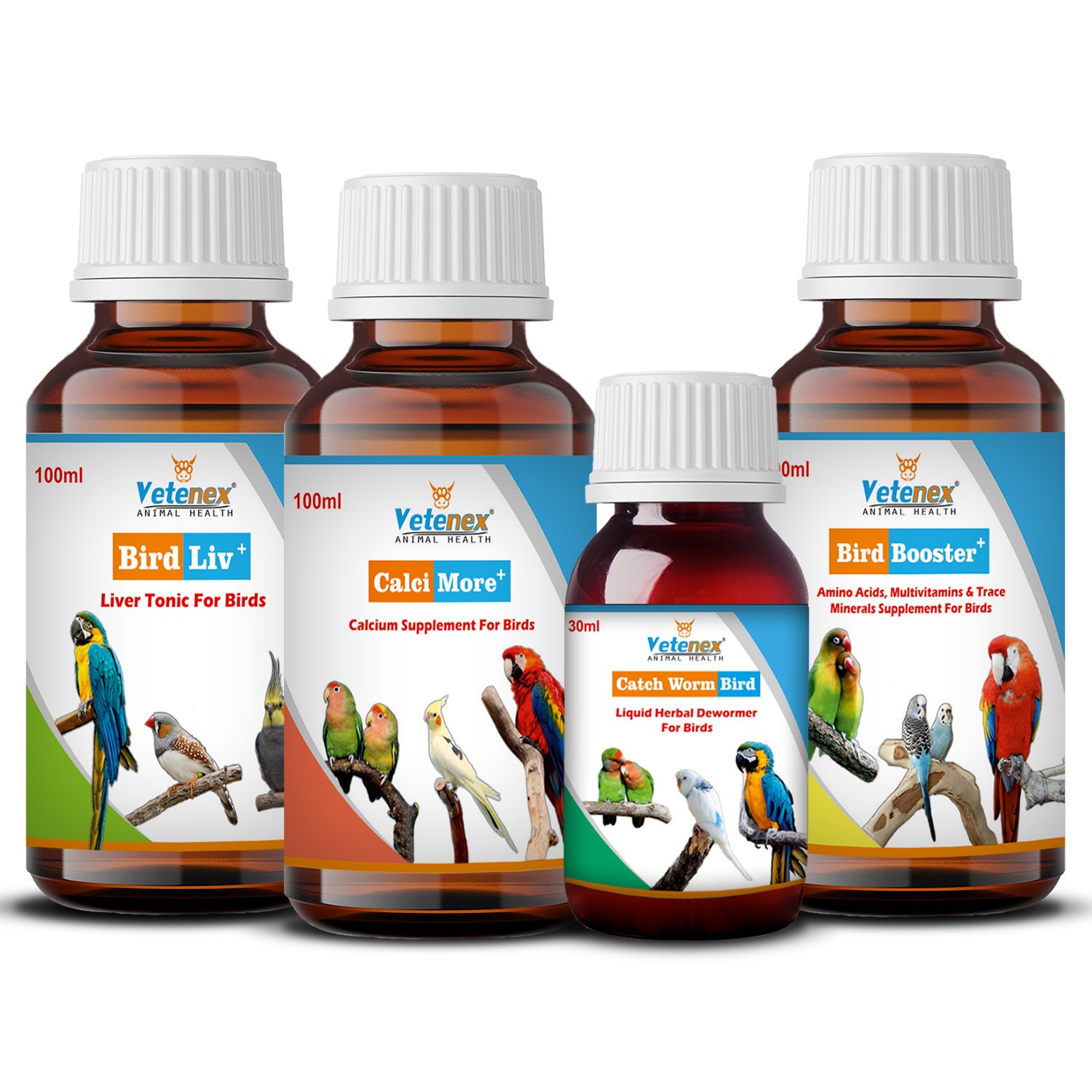 VETENEX Birds Booster Supplements + Liver Tonic + Dewormer + Calcium Supplement For ALL Type of Birds - Pack of 4