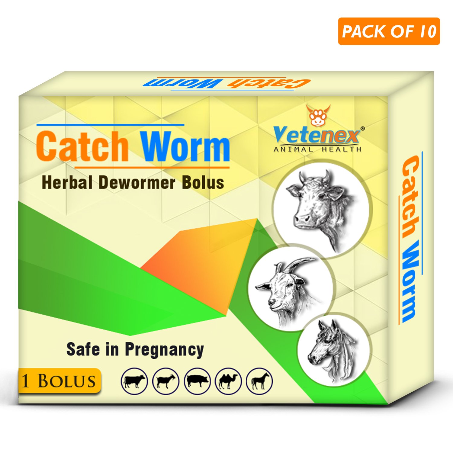 VETENEX Catch Worm - Veterinary Herbal Dewormer Bolus for Cattle, Buffalo, Cow, Goat, Sheep, Pig, Horse and Camel (1 Tablet x 10) Combo - Pack of 10