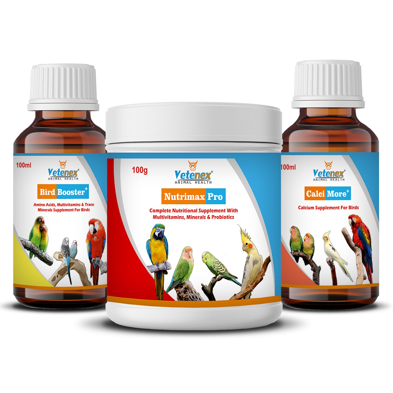 VETENEX Birds Complete Nutritional Supplement with MultiVitamins, Minerals & Probiotics + Bird Booster + Calcium Supplement For All Type of Birds - Pack of 3