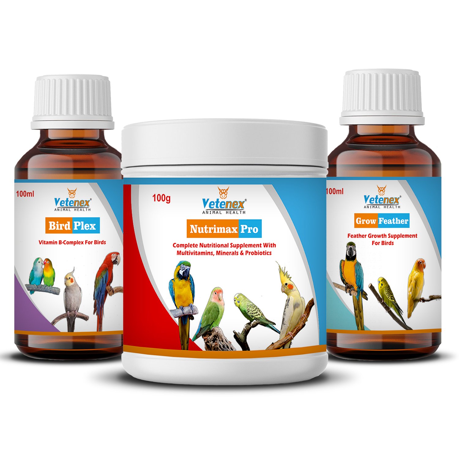VETENEX Birds Complete Nutritional Supplement with MultiVitamins, Minerals & Probiotics + Feather Growth Supplement + Vitamin B Complex Supplement For All Type of Birds - Pack of 3