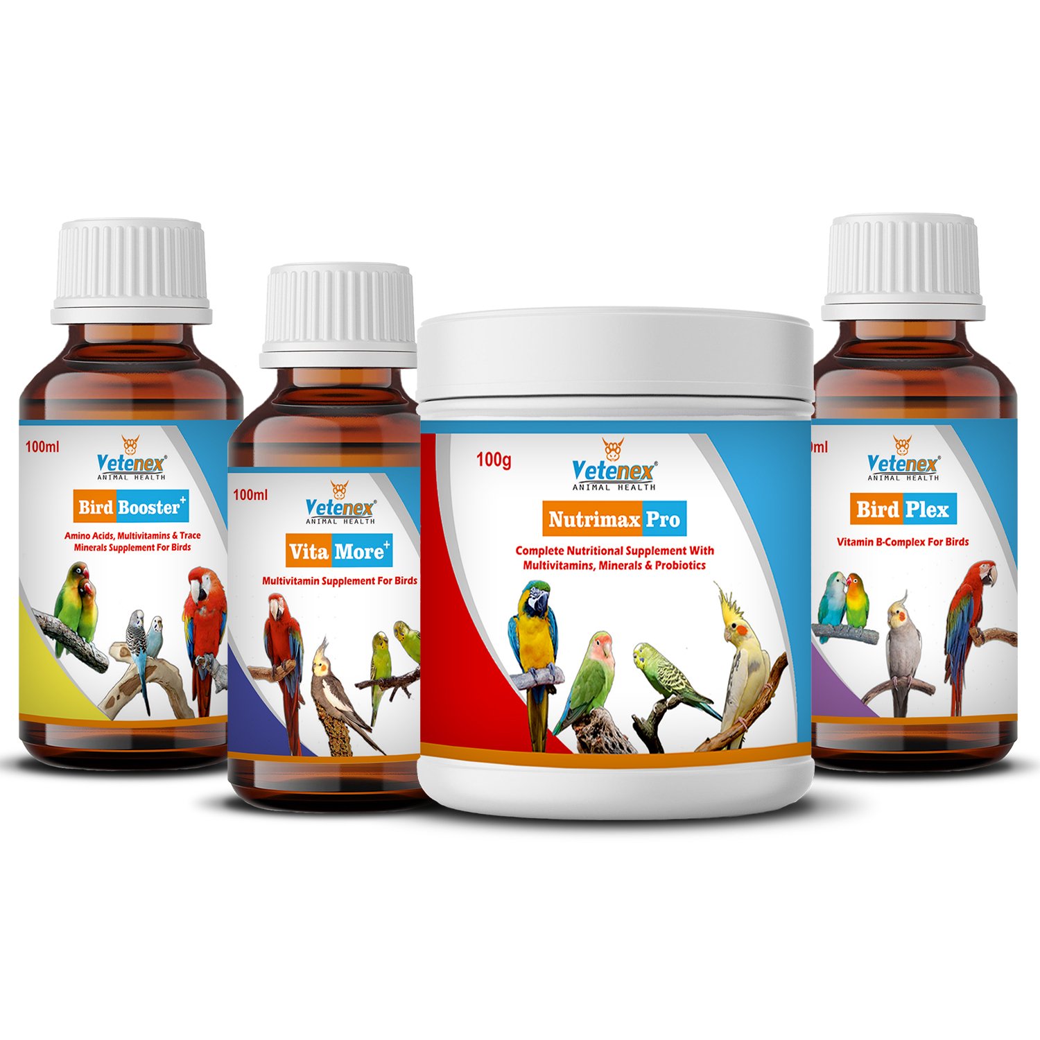 VETENEX Birds Nutritional Mineral Powder Supplements + Bird Booster + Multivitamin + Vitamin B Complex Supplement Pack of 4