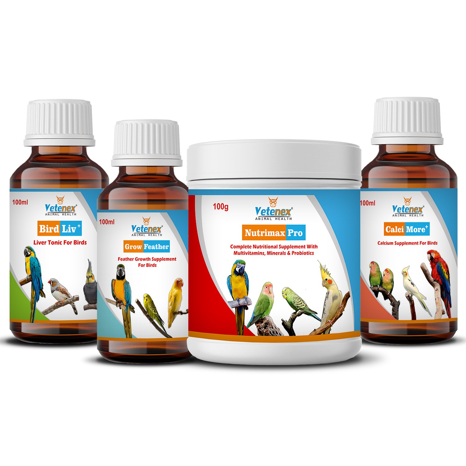 VETENEX Birds Nutritional Mineral Powder Supplements + Calcium Supplement + Liver Tonic + Feather Growth Supplement For Birds - Pack of 4