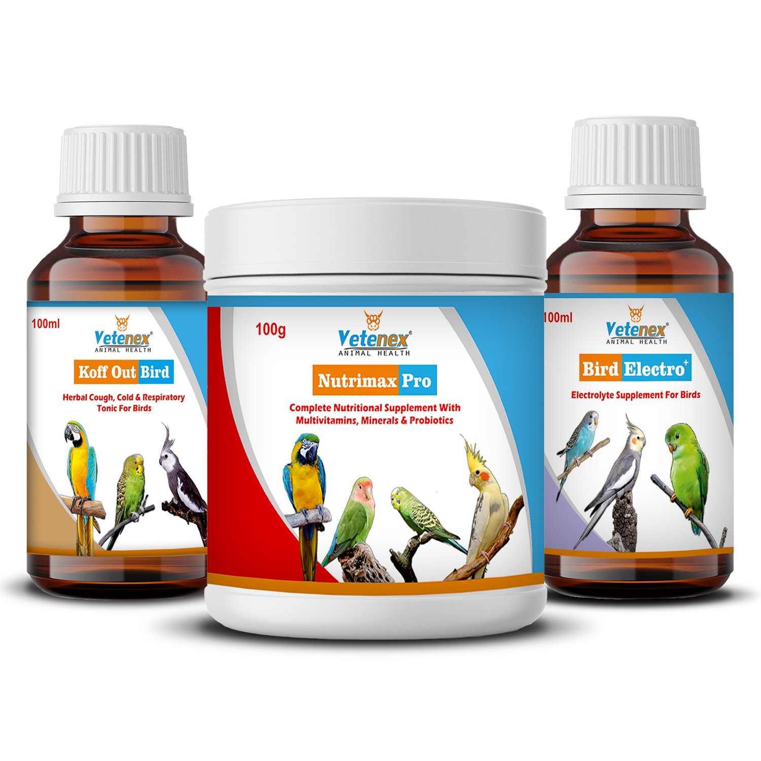 VETENEX Birds Complete Nutritional Supplement with MultiVitamins, Minerals & Probiotics + Electrolyte Supplement + Cough Cold Medicine For All Type of Birds - Pack of 3