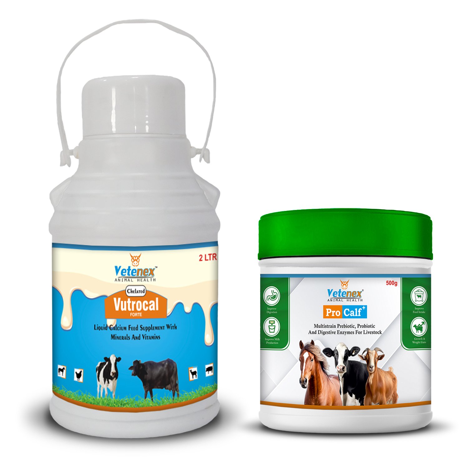 Chelated Liquid Calcium Supplement + Probiotic, Prebiotic & Enzyme Supplement Powder for Cattle, Cow, Buffalo, Goat, Pig & Livestock Animals – Combo Pack of 2 (2ltr+500gm)