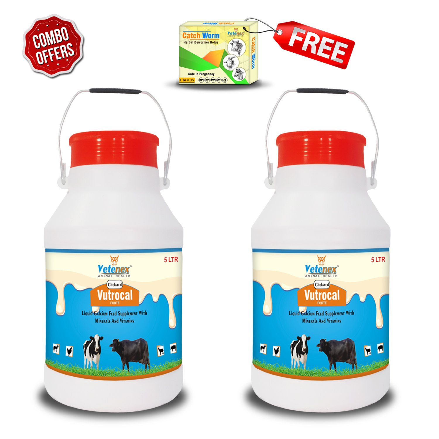 VETENEX Vutrocal Forte - Chelated Liquid Calcium Supplement for Cattle, Cow, Buffalo, Poultry, Goat, Pig and Farm Animals (5Ltr x 2) Combo - Pack of 2