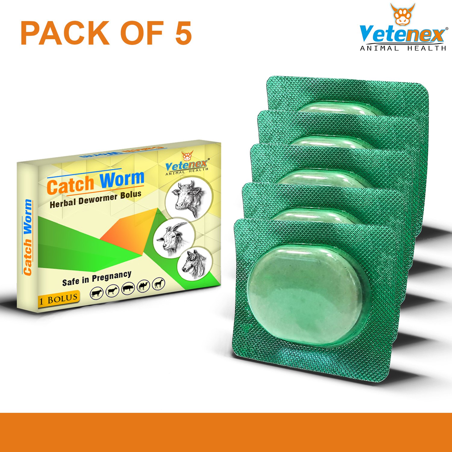 VETENEX Catch Worm - Veterinary Herbal Dewormer Bolus for Cattle, Buffalo, Cow, Goat, Sheep, Pig, Horse and Camel (1 Tablet x 5) Combo - Pack of 5 - Image 2