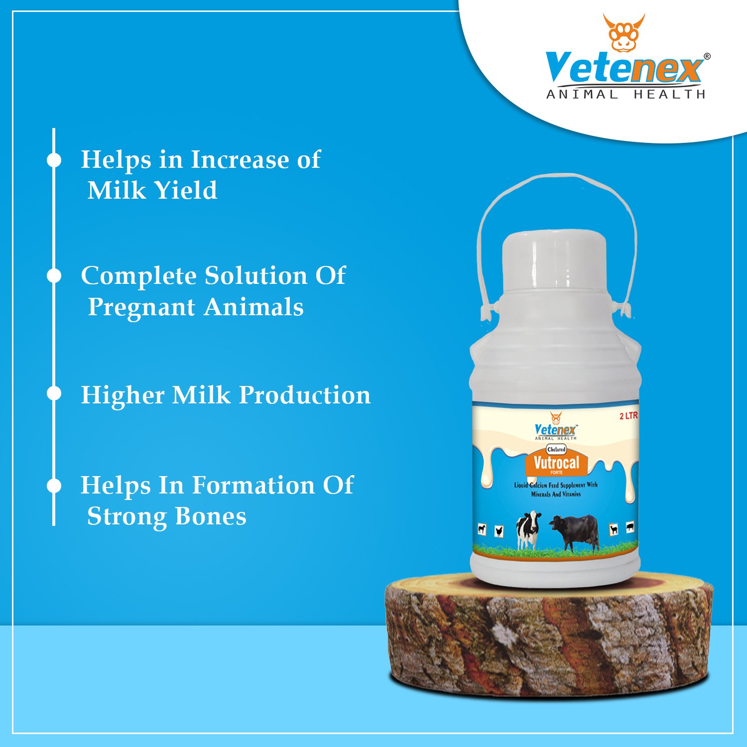 VETENEX Vutrocal Forte - Chelated Liquid Calcium Supplement for Cattle, Cow, Buffalo, Poultry, Goat, Pig and Farm Animals - 2 LTR - Image 2