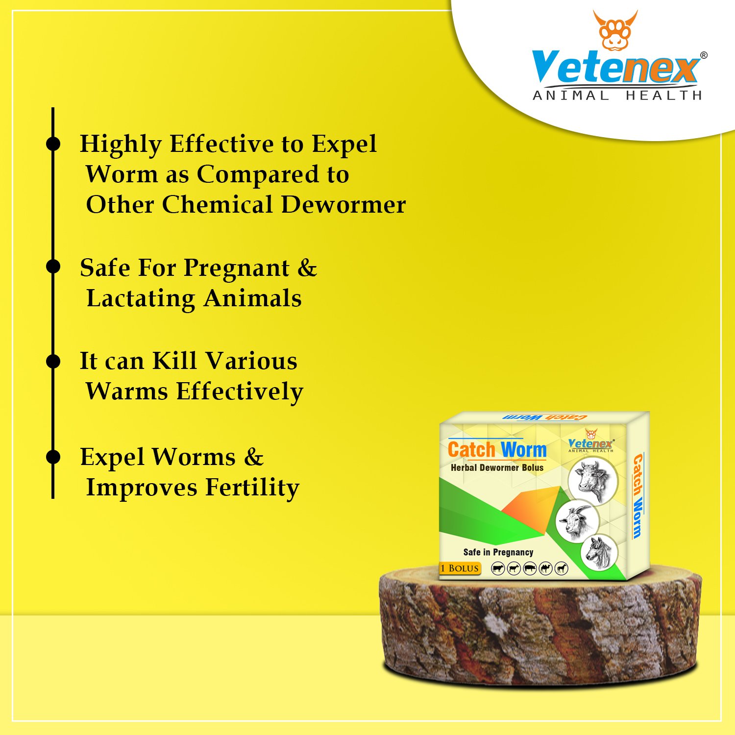 VETENEX Catch Worm - Veterinary Herbal Dewormer Bolus for Cattle, Buffalo, Cow, Goat, Sheep, Pig, Horse and Camel (1 Tablet x 5) Combo - Pack of 5 - Image 3