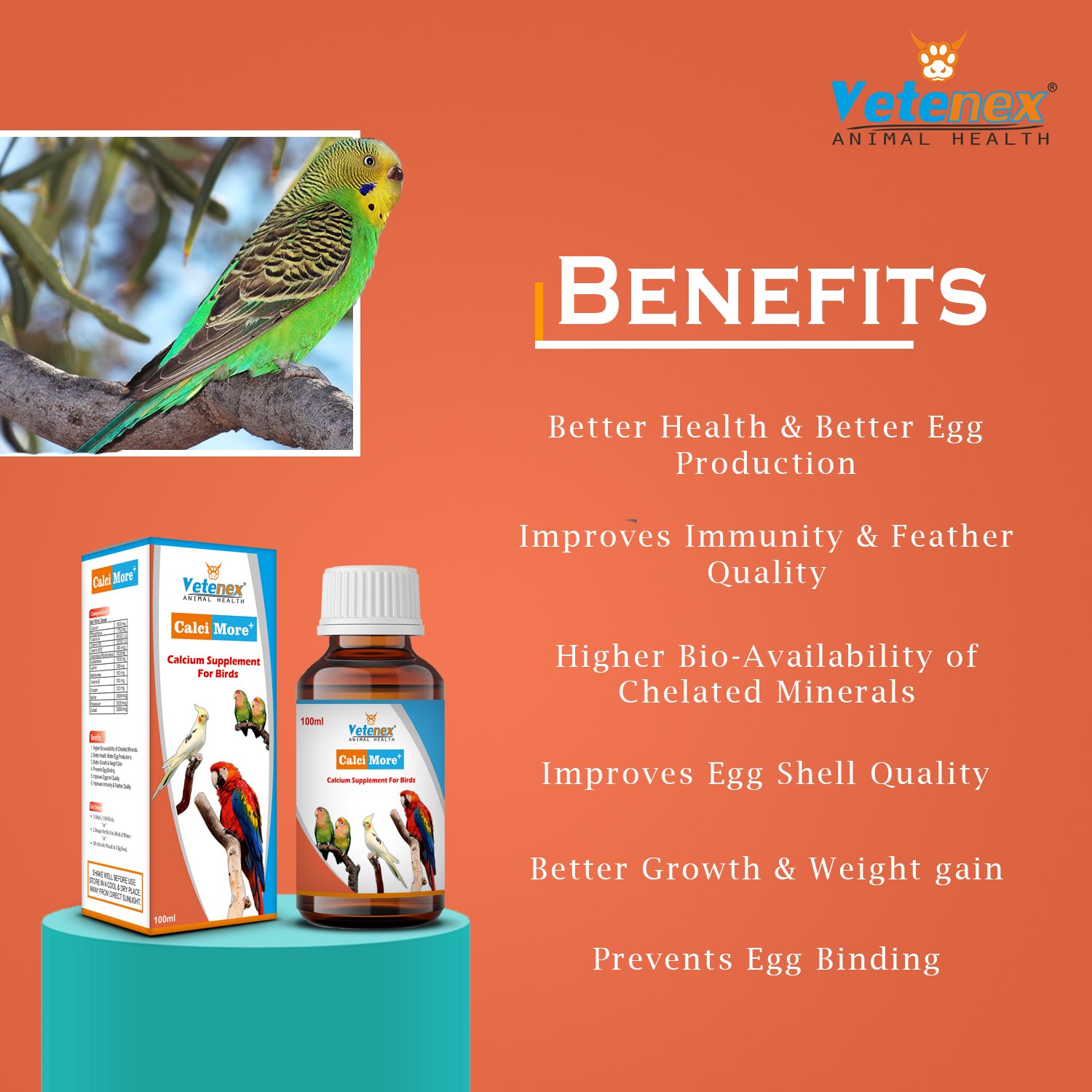 VETENEX Birds Booster Supplements + Liver Tonic + Dewormer + Calcium Supplement For ALL Type of Birds - Pack of 4 - Image 4