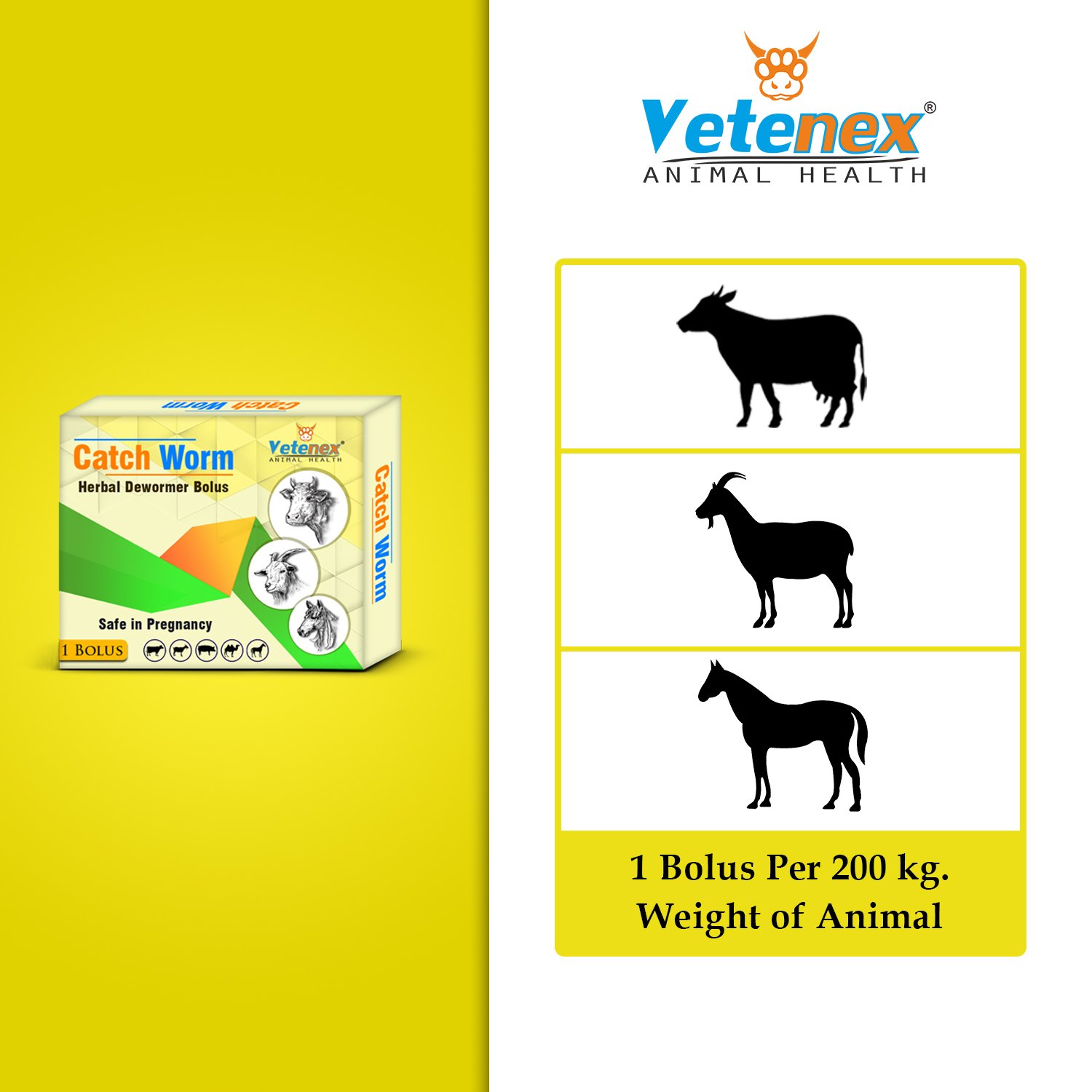 VETENEX Catch Worm - Veterinary Herbal Dewormer Bolus for Cattle, Buffalo, Cow, Goat, Sheep, Pig, Horse and Camel (1 Tablet x 10) Combo - Pack of 10 - Image 5