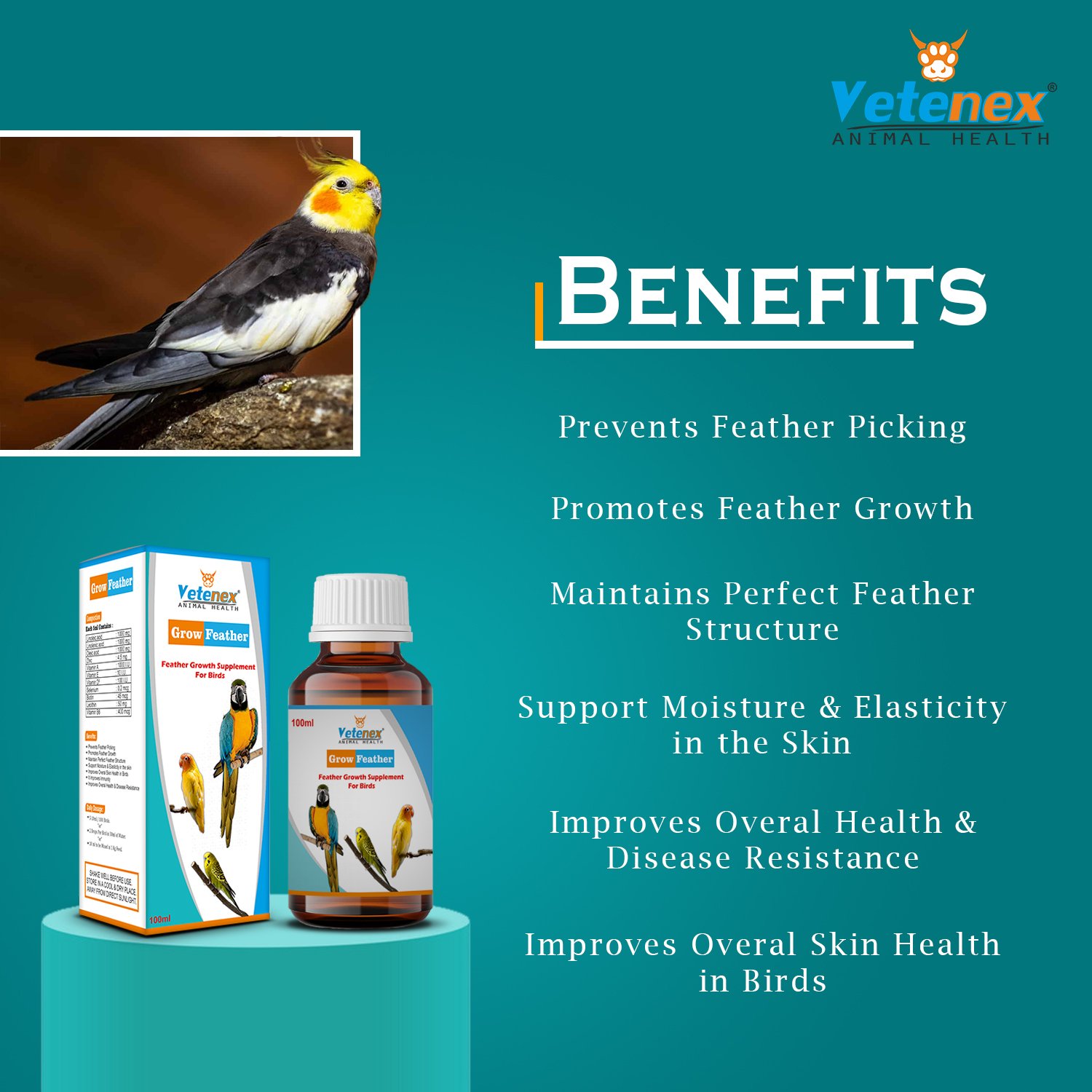 VETENEX Birds Nutritional Mineral Powder Supplements + Calcium Supplement + Liver Tonic + Feather Growth Supplement For Birds - Pack of 4 - Image 5