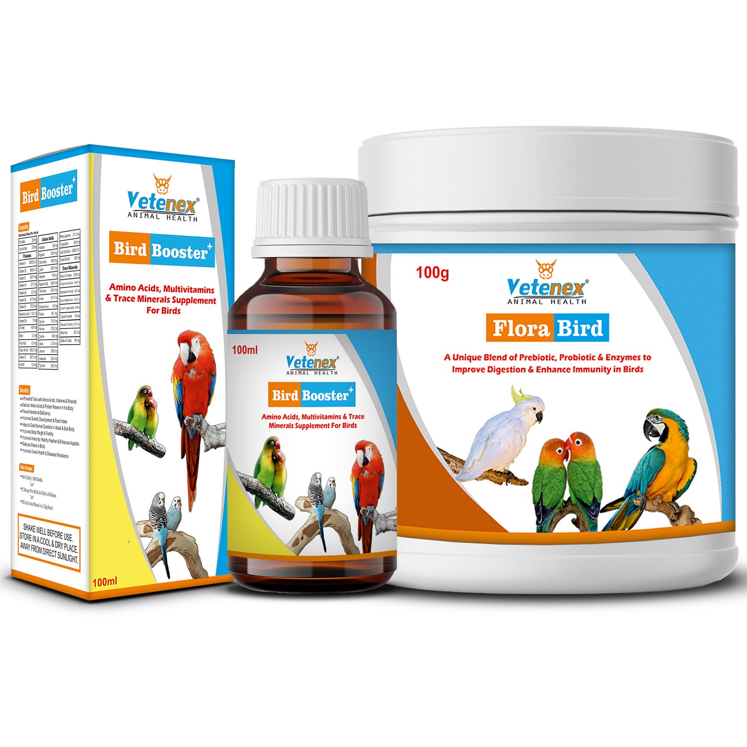 VETENEX Birds Immunity & Growth Booster With Essential Amino Acids, Multivitamins & Trace Minerals Supplement + PREBIOTICS + PROBIOTICS + Enzymes Supplement For Birds (100 gm+100ml) Combo - Pack of 2