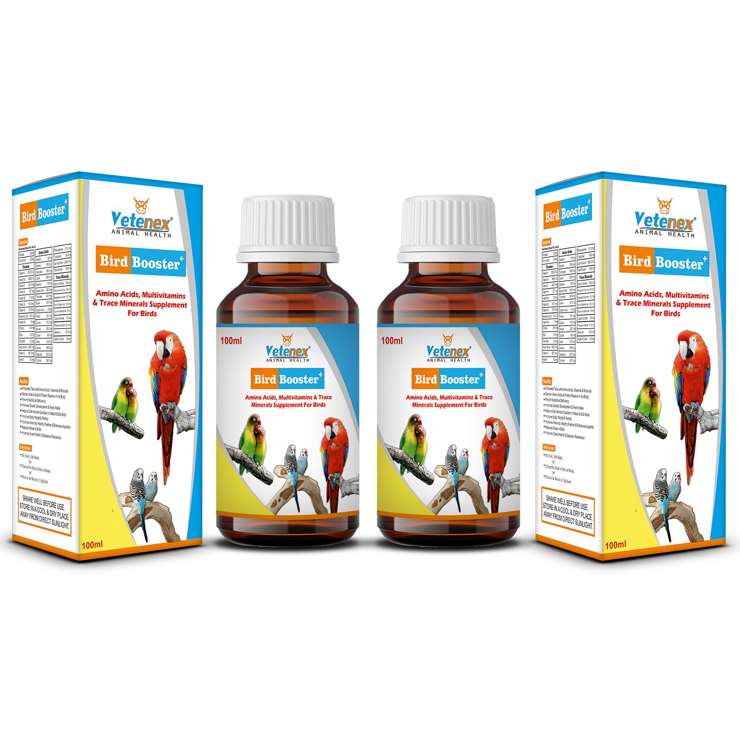 VETENEX Bird Booster Plus - Birds Immunity & Growth Booster With Essential Amino Acids, Multivitamins & Trace Minerals Supplement (100 ml x 2) Combo - Pack of 2