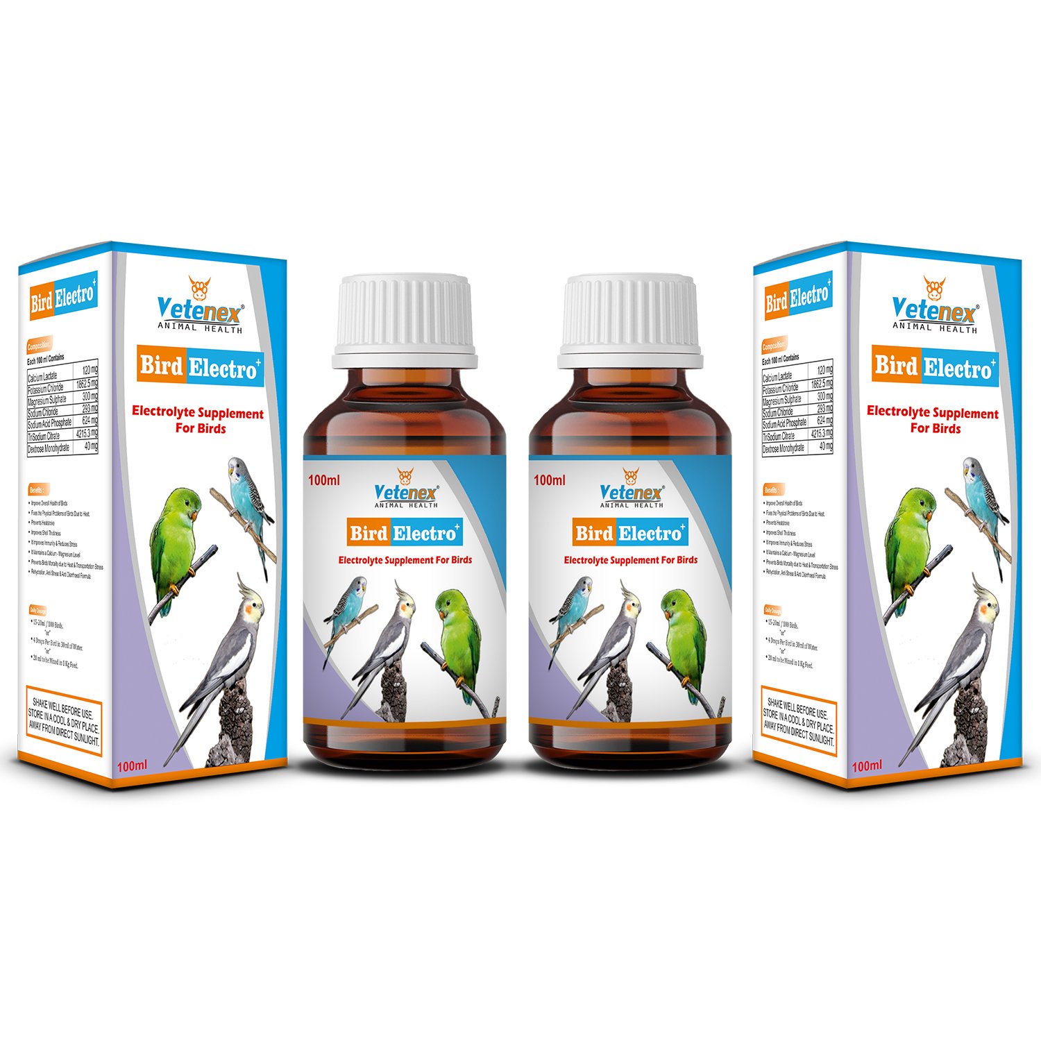 VETENEX Bird Electro Plus - Birds Electrolyte Supplement For Dehydration, Heat Stress & Loose Motion (100 ml x 2) Combo - Pack of 2