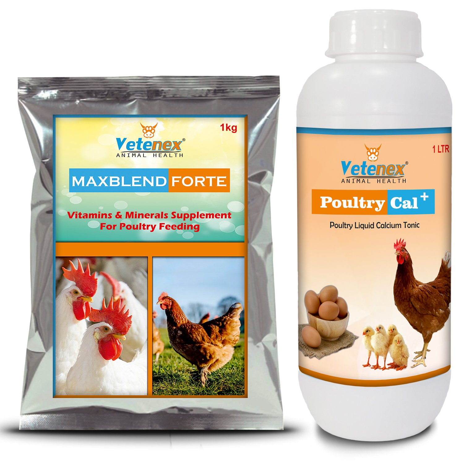 VETENEX Poultry Growth Promoter with Vitamins & Minerals Supplement + Calcium Supplement for Poultry, Birds & Chicken (1LTR+1KG) - Combo Pack of 2