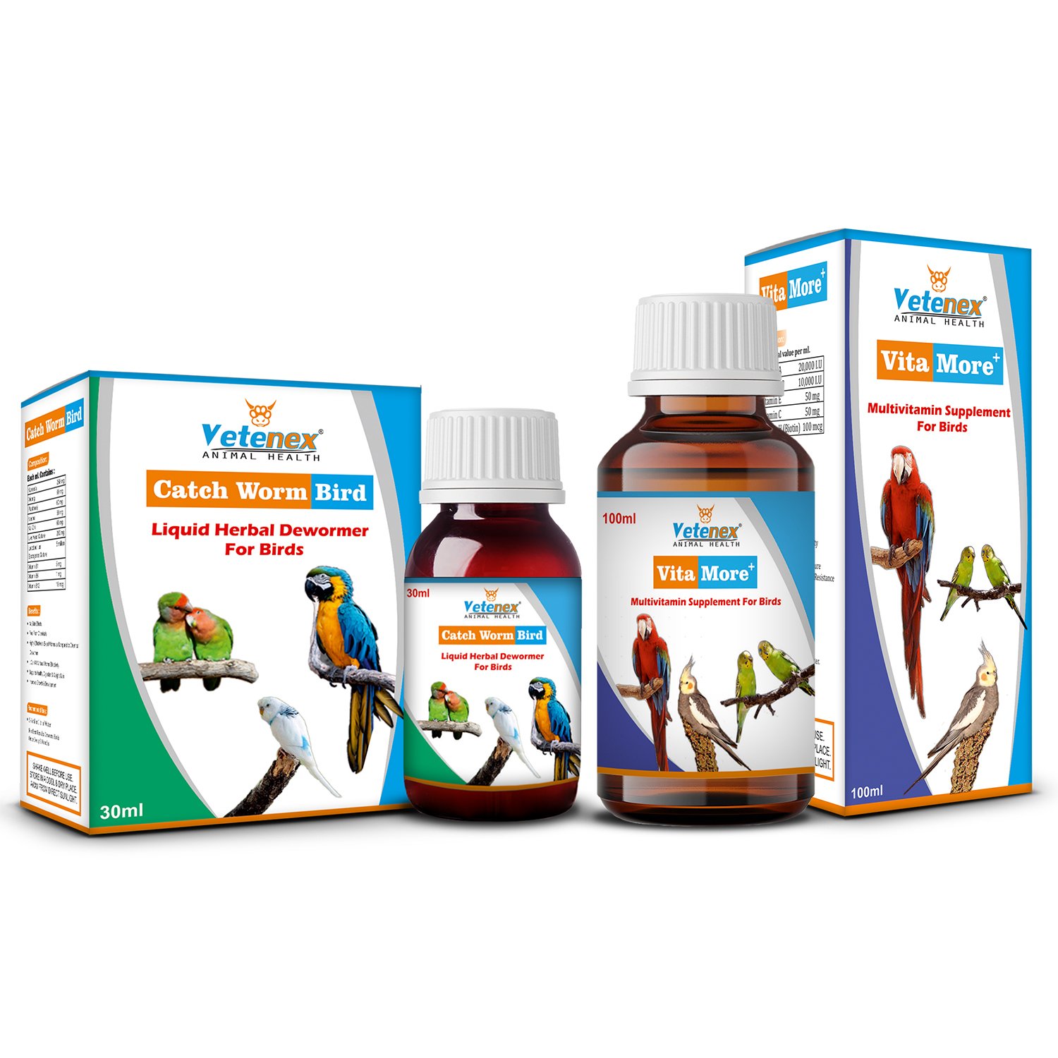 VETENEX Birds Liquid Herbal Dewormer + Multivitamin Supplement For Birds (100ml +30ml)) Combo - Pack of 2
