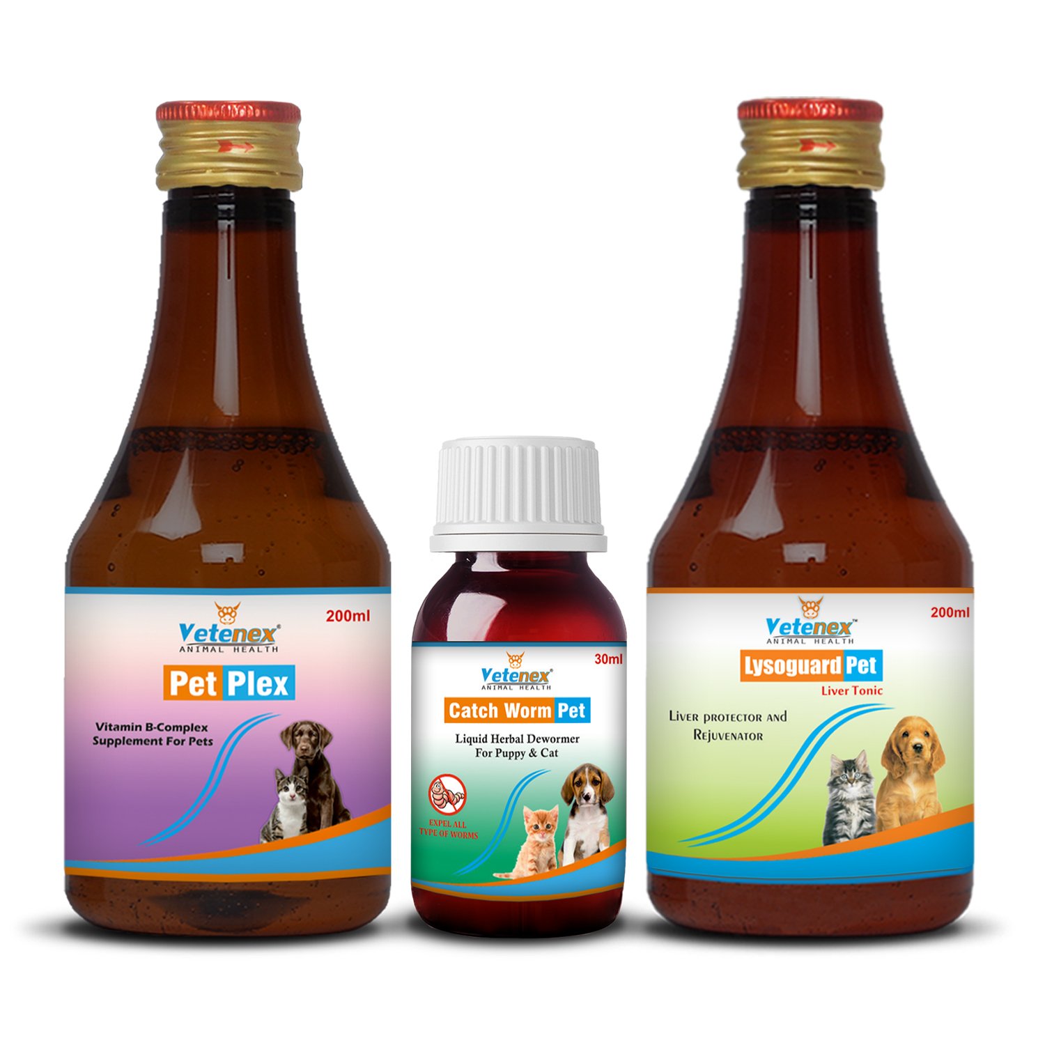 VETENEX Herbal Dewormer + Liver Tonic Supplement + Vitamin B-Complex Syrup For Puppy and Cats – Pack of 3