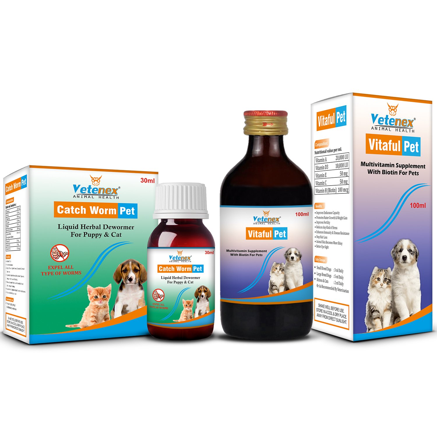 VETENEX Dog Herbal Dewormer + Multivitamin Supplement Syrup with Biotin, Vitamin D3, Vitamin E, Vitamin C, Vitamin A | Builds Immunity, Growth & Appetite For Dogs, Puppy and Cats - Combo Pack of 2