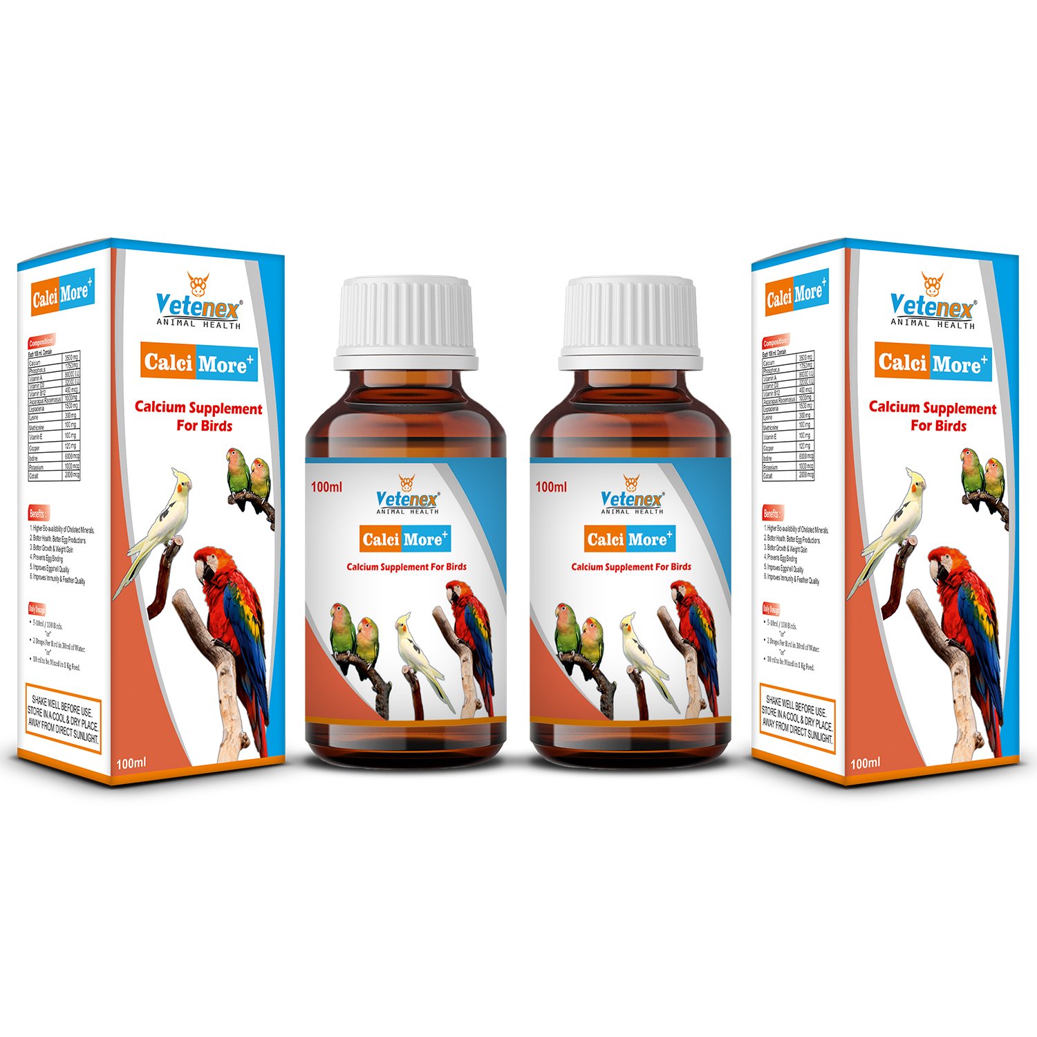 VETENEX CalciMore Plus – Calcium Supplement For Birds with Vitamin D3 (100 ml x 2) Combo – Pack of 2