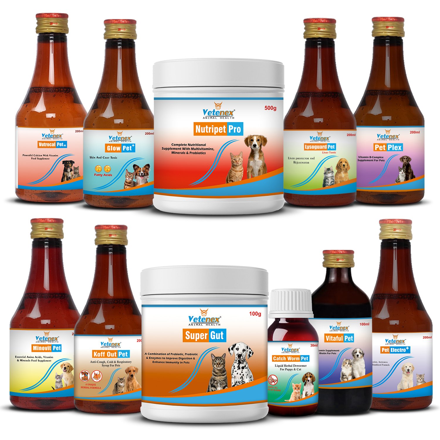 VETENEX Dog Supplement, Multivitamin, Liver Tonic, Skin Coat, Calcium Syrup, Electrolyte, Dewormer, Cough Syrup, Amino Acids, Minerals, Probiotics, Growth Booster Combo - Pack of 11