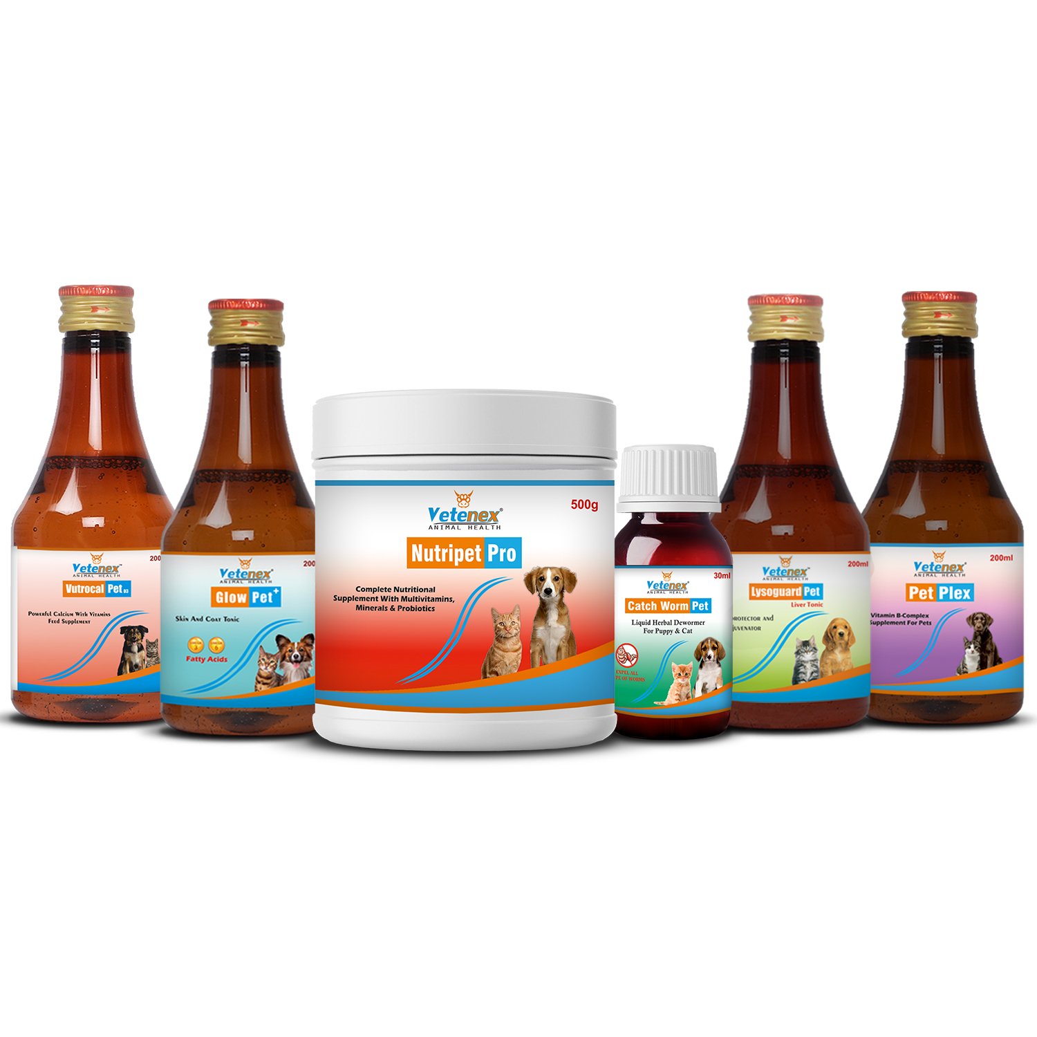 VETENEX Dog Supplement Liver Tonic, Skin Coat, Calcium Syrup, Dewormer, Vitamin B Complex, Growth Booster Combo - Pack of 6