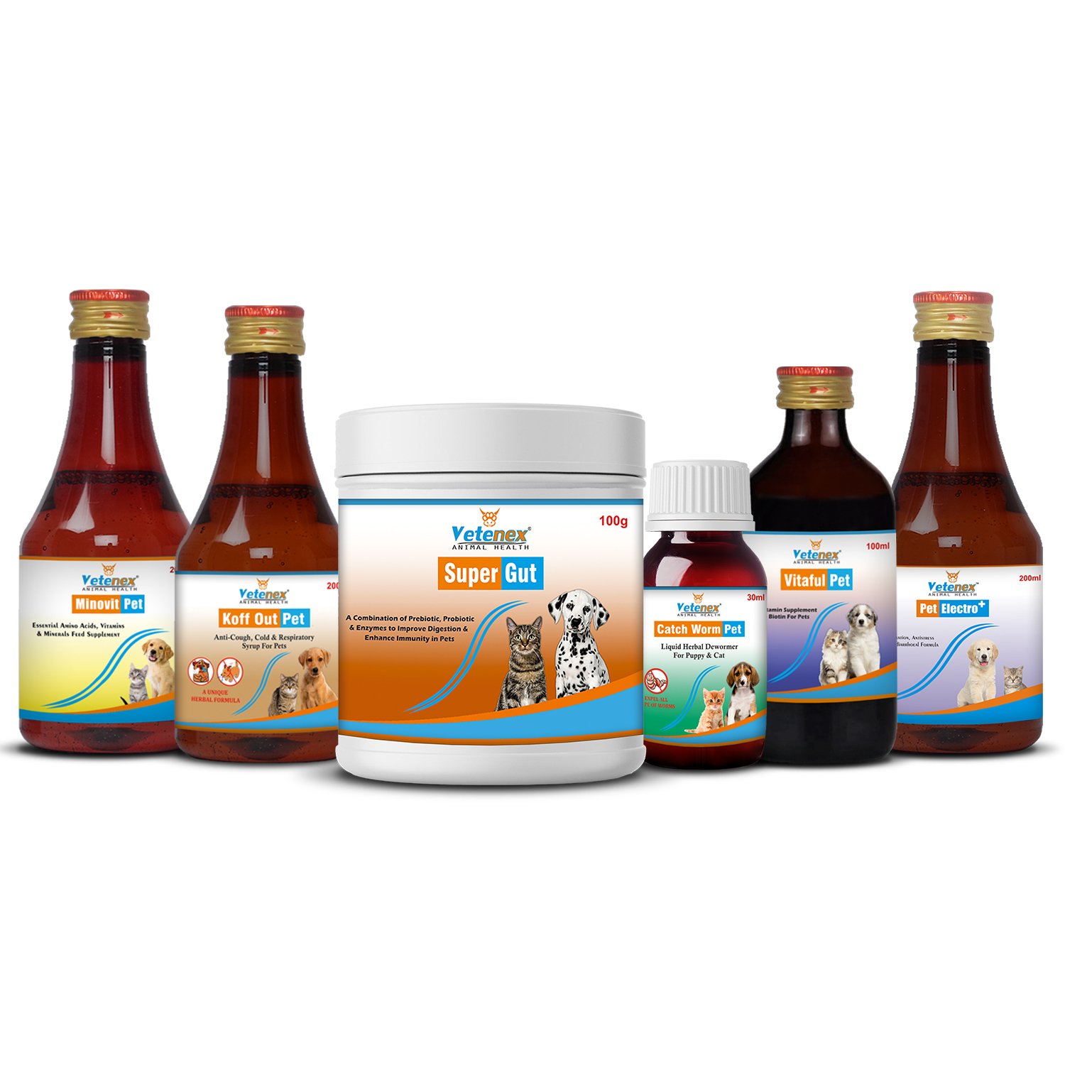 VETENEX Dog Supplement, Multivitamin, Electrolyte, Dewormer, Cough Syrup, Amino Acids, Probiotics, Combo - Pack of 6