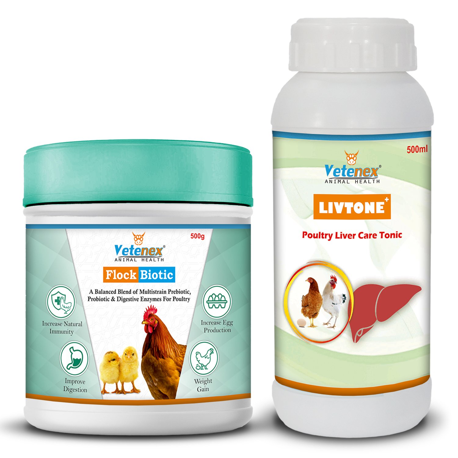 VETENEX Prebiotic, Probiotic & Enzyme Supplement + Liver Tonic for Poultry, Birds & Chicken (500gm+500ml) - Combo Pack of 2
