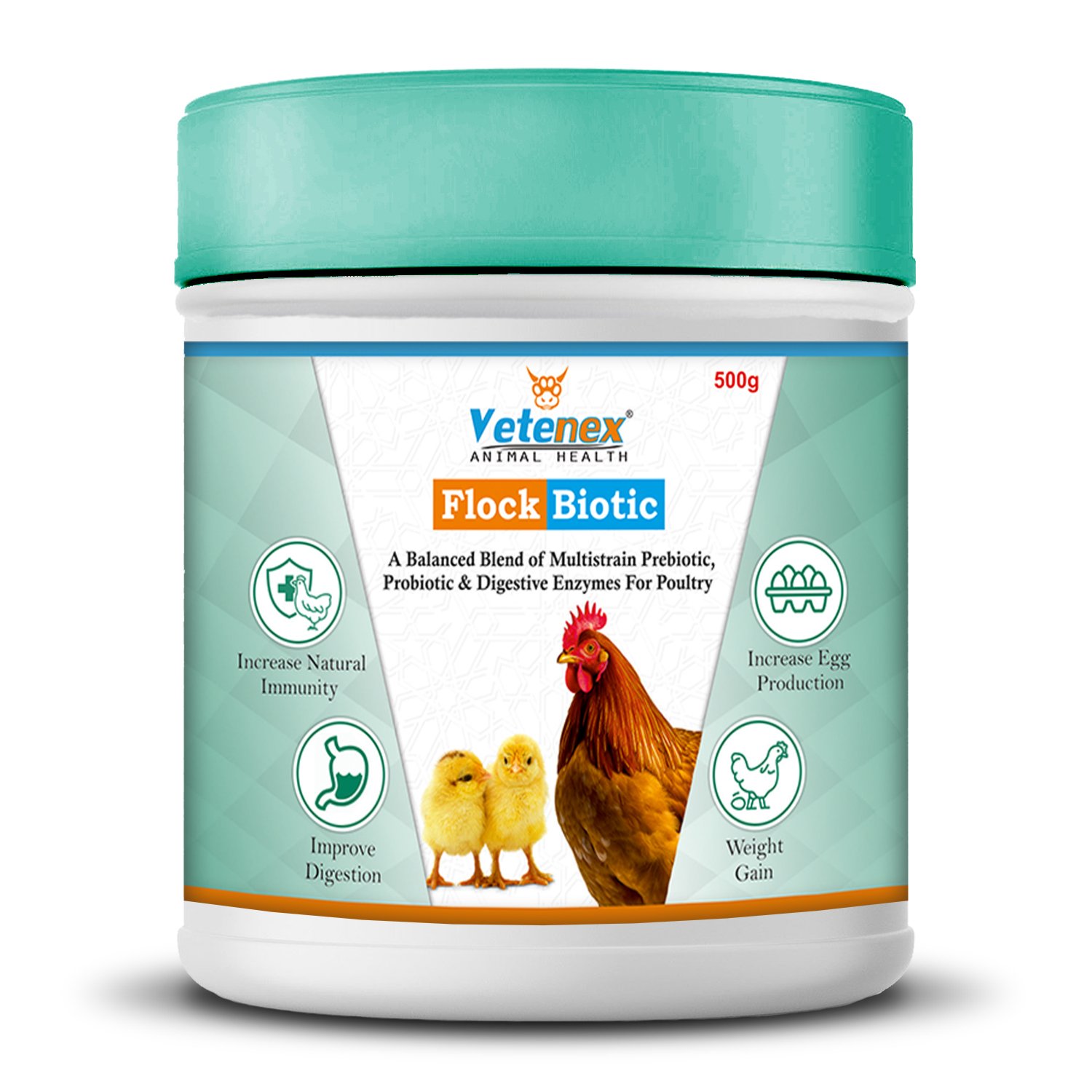 VETENEX Flock Biotic - Prebiotic, Probiotic & Enzyme Supplement Powder for Poultry, Birds & Chicken - 500g