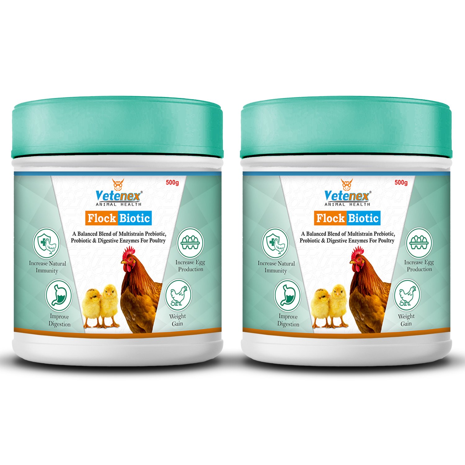 VETENEX Flock Biotic - Prebiotic, Probiotic & Enzyme Supplement Powder for Poultry, Birds & Chicken (500g x 2) Combo - Pack of 2