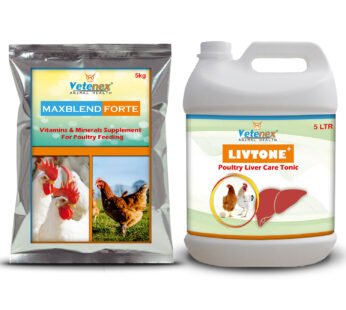 VETENEX Poultry Growth Promoter with Vitamins & Minerals Supplement + Liver Tonic for Poultry, Birds & Chicken (5 LTR+5KG) – Combo Pack of 2
