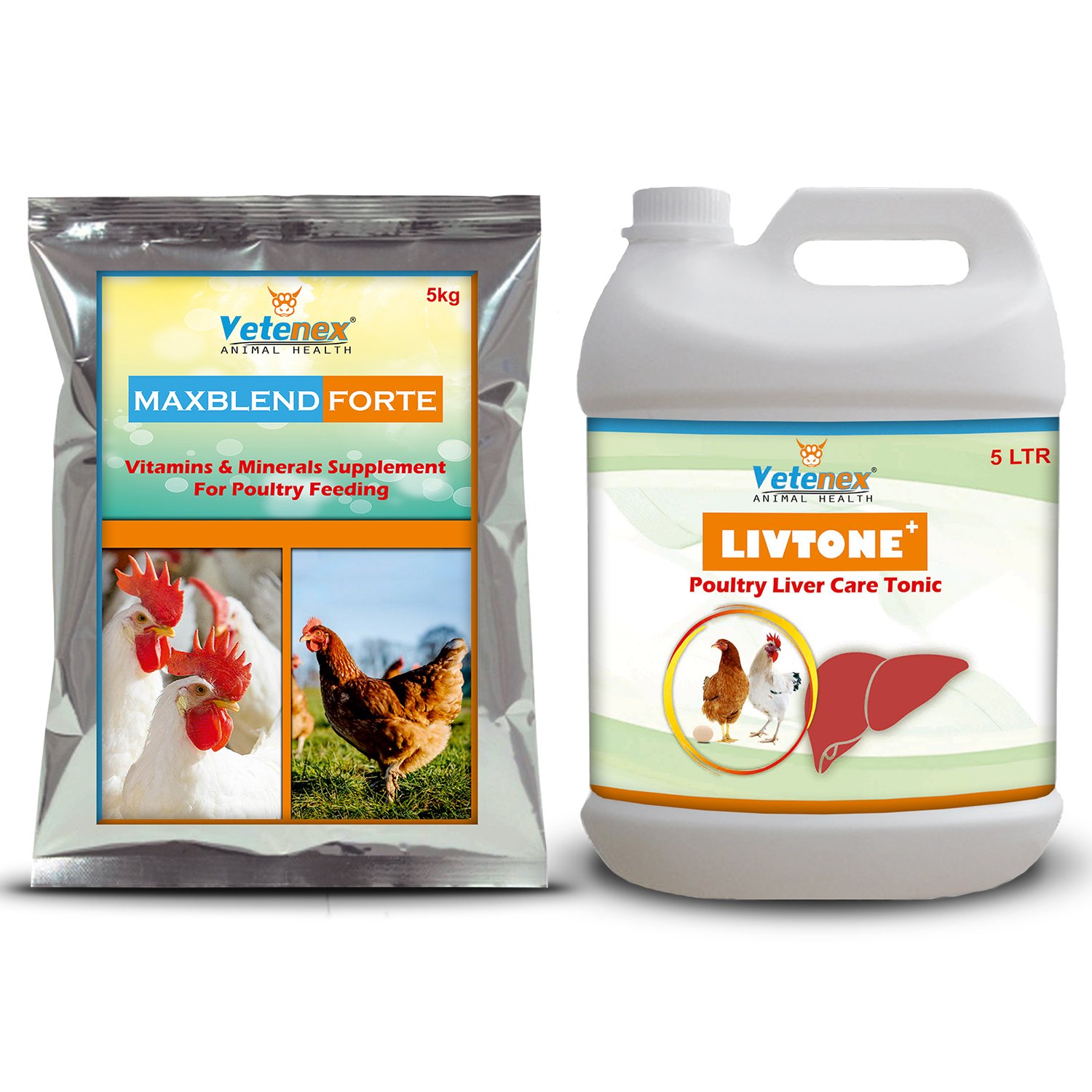 VETENEX Poultry Growth Promoter with Vitamins & Minerals Supplement + Liver Tonic for Poultry, Birds & Chicken (5 LTR+5KG) – Combo Pack of 2