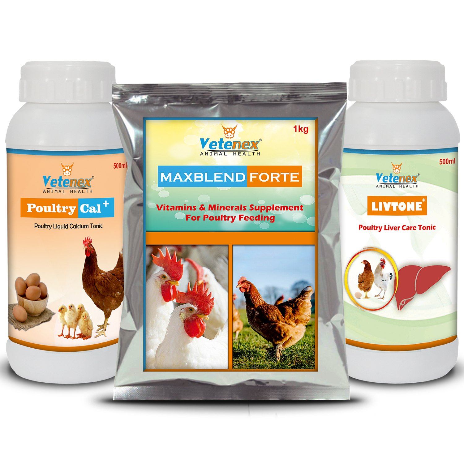 VETENEX Poultry Feed Premix + Calcium Supplement + Liver Tonic - (Pack of 3)