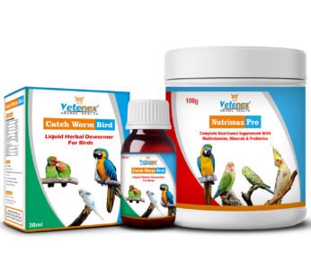 VETENEX Birds Complete Nutritional Supplement with MultiVitamins, Minerals & Probiotics + Liquid Herbal Dewormer for Birds (100 gm+30ml) Combo – Pack of 2