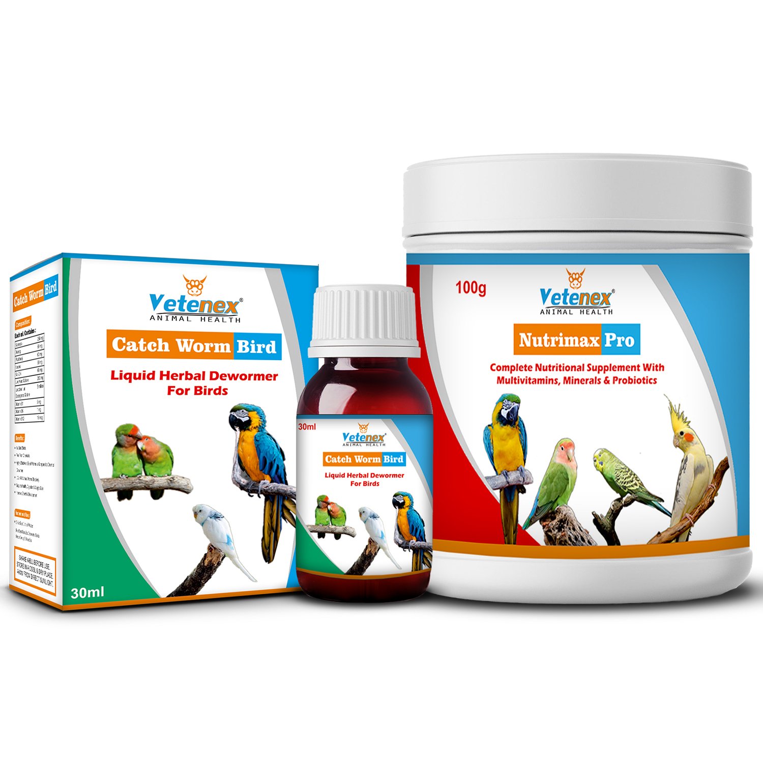 VETENEX Birds Complete Nutritional Supplement with MultiVitamins, Minerals & Probiotics + Liquid Herbal Dewormer for Birds (100 gm+30ml) Combo - Pack of 2