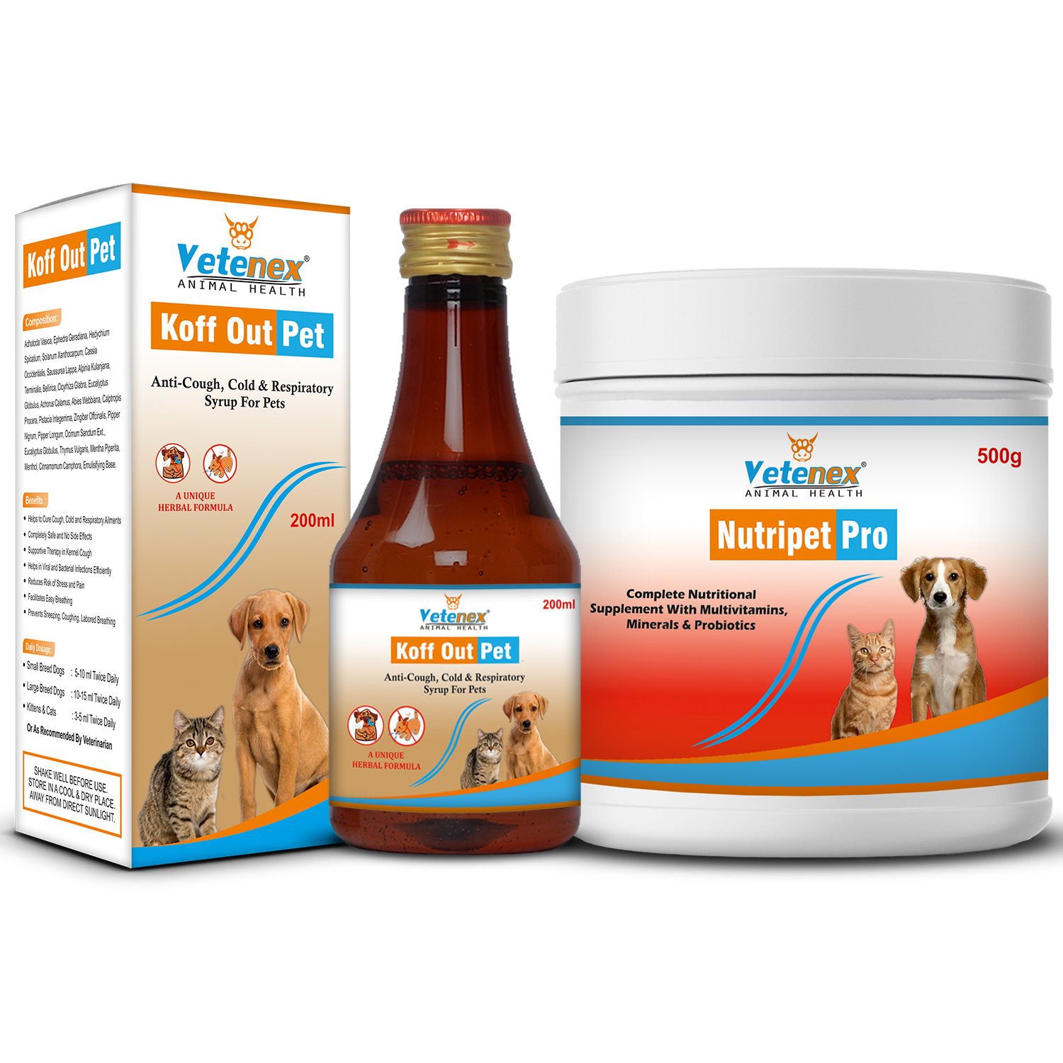 VETENEX Dog Supplement Growth Booster Powder + Cough Syrup For Dog, Puppy and Cats - Combo Pack of 2
