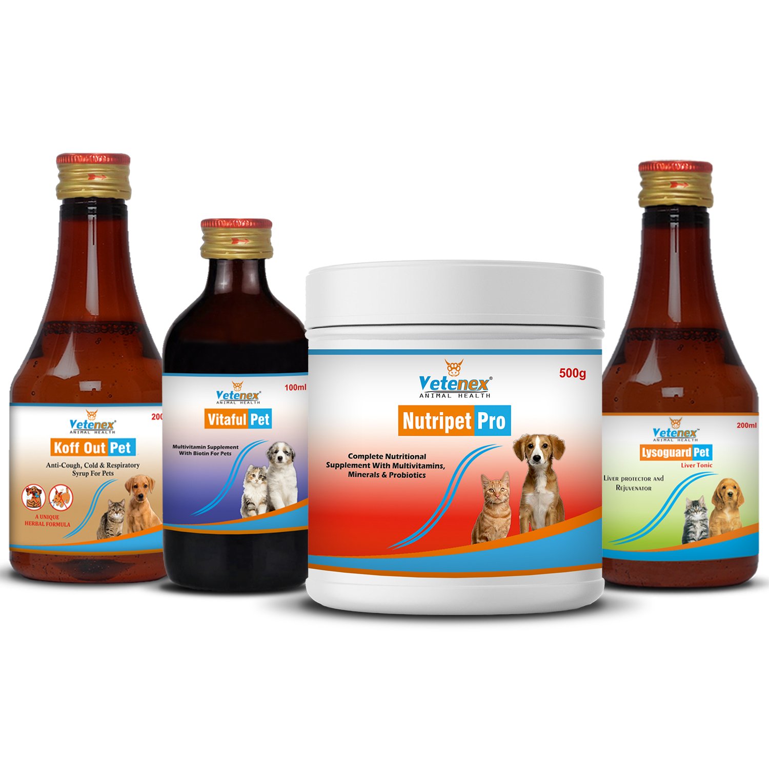 VETENEX Dog Supplement Liver Tonic, Multivitamin, Growth Booster Powder, Cough Syrup Combo - Pack of 4