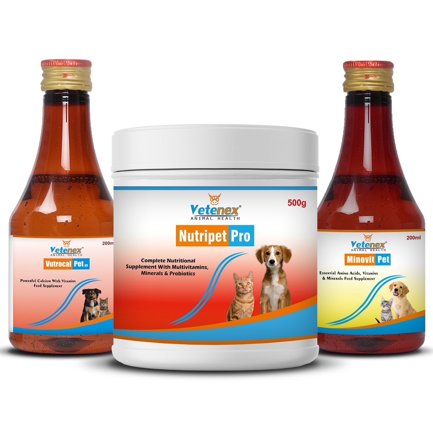 VETENEX Dog Supplement Growth Booster Powder + Calcium Supplement + Amino Acids & Trace Mineral Supplement - Combo Pack of 3