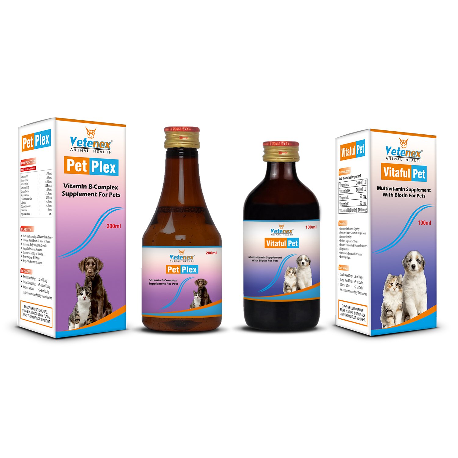 VETENEX Dog Multivitamin Supplement Syrup with Biotin, Vitamin D3, Vitamin E, Vitamin C, Vitamin A | Builds Immunity, Growth & Appetite +Vitamin B-Complex & Amino Acids Supplement Syrup | Better Health & Growth For Dogs, Puppy and Cats - Combo Pack of 2