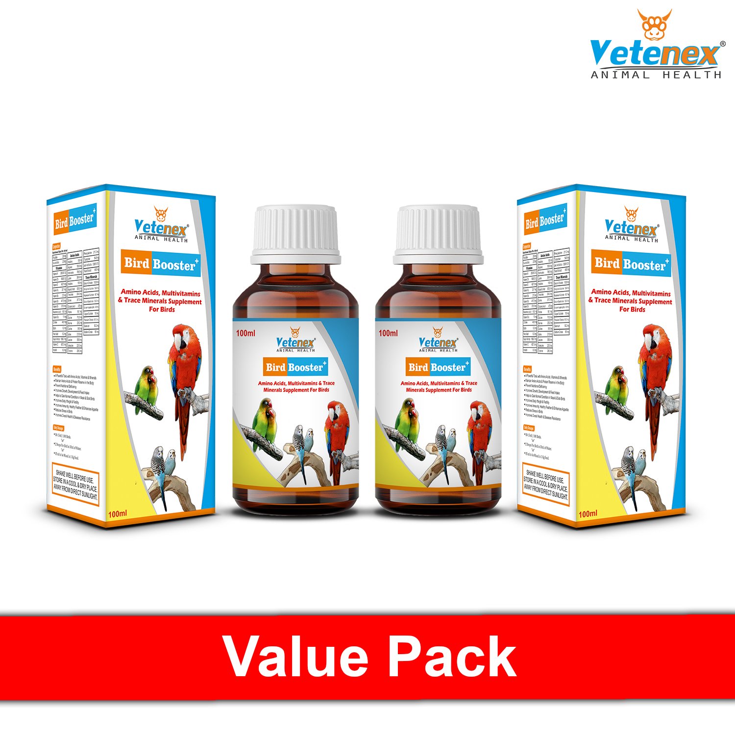 VETENEX Bird Booster Plus - Birds Immunity & Growth Booster With Essential Amino Acids, Multivitamins & Trace Minerals Supplement (100 ml x 2) Combo - Pack of 2 - Image 2