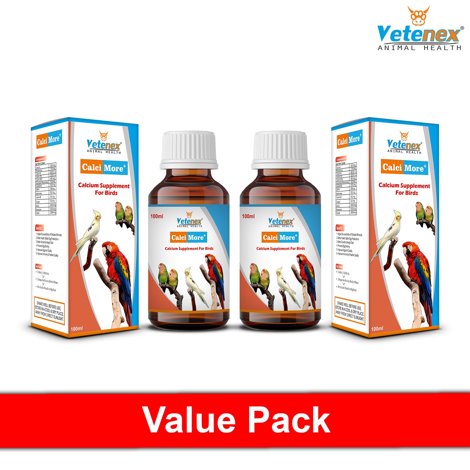 VETENEX CalciMore Plus - Calcium Supplement For Birds with Vitamin D3 (100 ml x 2) Combo - Pack of 2 - Image 2