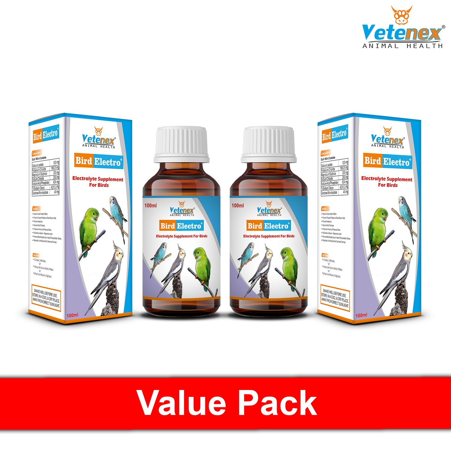 VETENEX Bird Electro Plus - Birds Electrolyte Supplement For Dehydration, Heat Stress & Loose Motion (100 ml x 2) Combo - Pack of 2 - Image 2