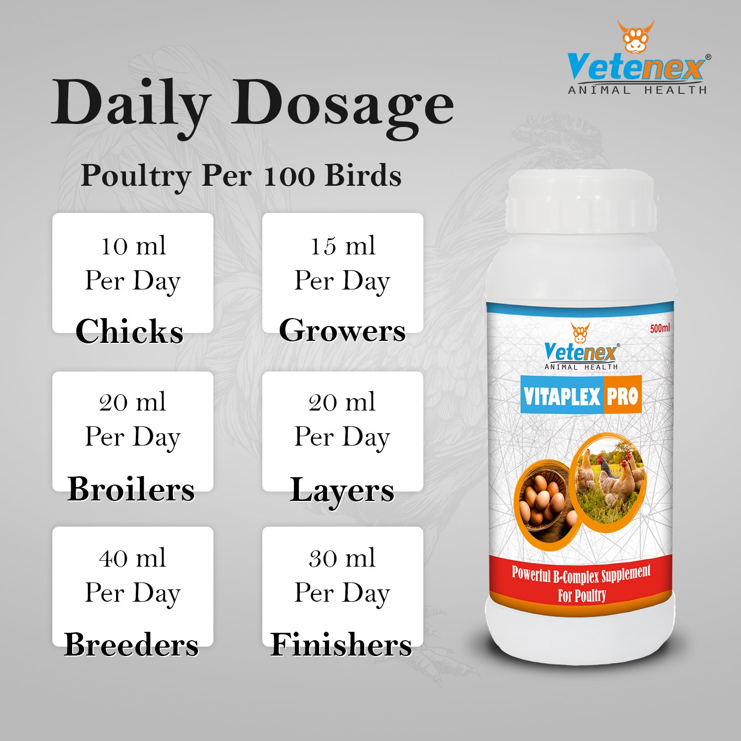 VETENEX Vitaplex Pro - Vitamin B Complex Supplement, Growth Promoter for Poultry, Birds & Chicken - (500 MLX2) - Image 4